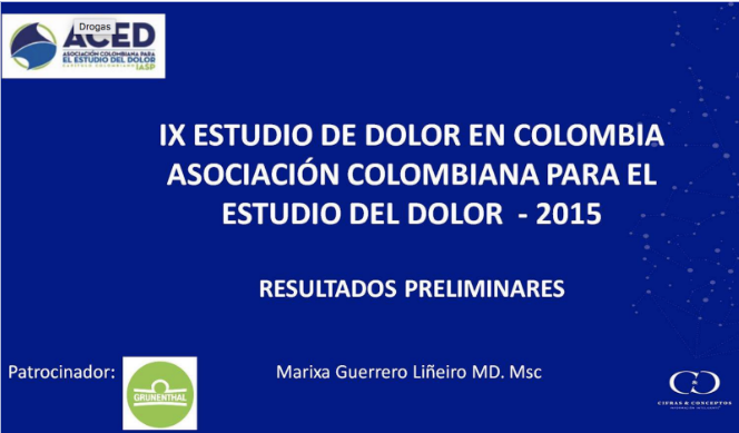 La presentación de la encuesta del dolor hecha por la Asociación Colombiana para el Estudio del Dolor (ACED) en 2015 fue patrocinada por Grünenthal.