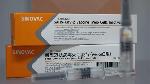 La vacuna COVID-19 de Sinovac CoronaVac se exhibe en la sede de la compañía en Pekín, China. La empresa china Sinovac Biotech está desarrollando la vacuna candidata COVID-19 llamada CoronaVac. EFE EPA ROMAN PILIPEY Archivo