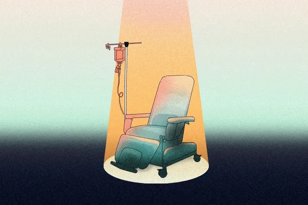 Ilustración de silla de quimioterapias vacía con un luz desde el techo