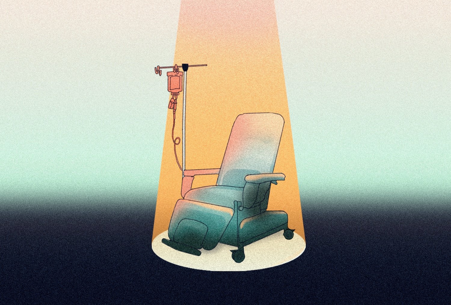 Ilustración de silla de quimioterapias vacía con un luz desde el techo