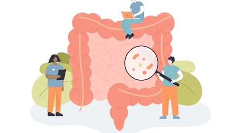 Team of tiny doctors checking bowel for inflammation