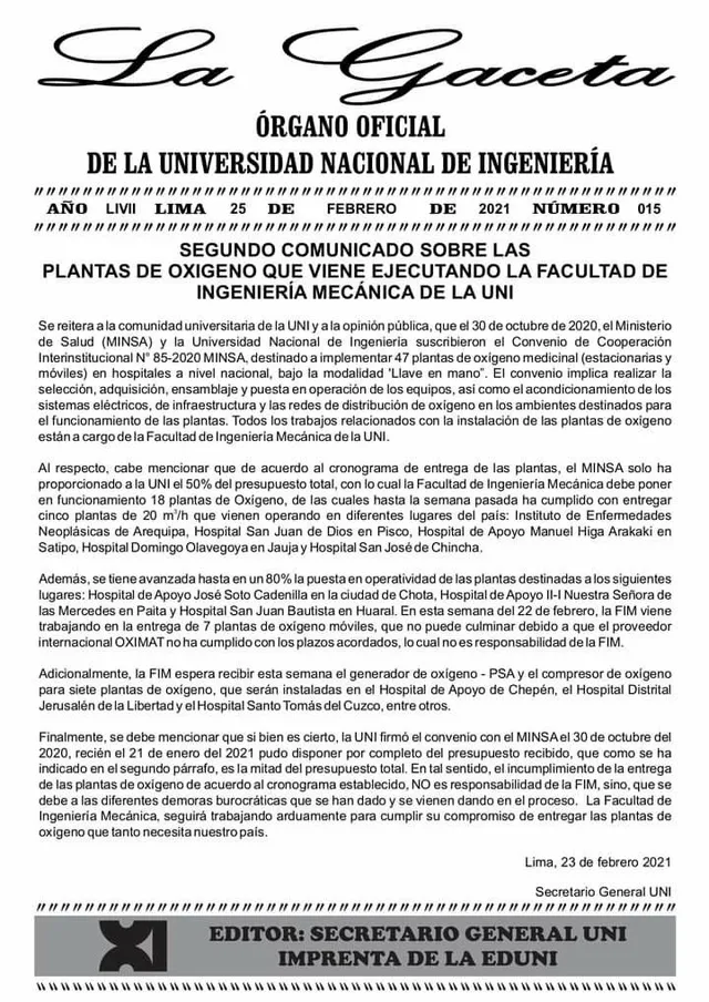 Pronunciamiento de la UNI