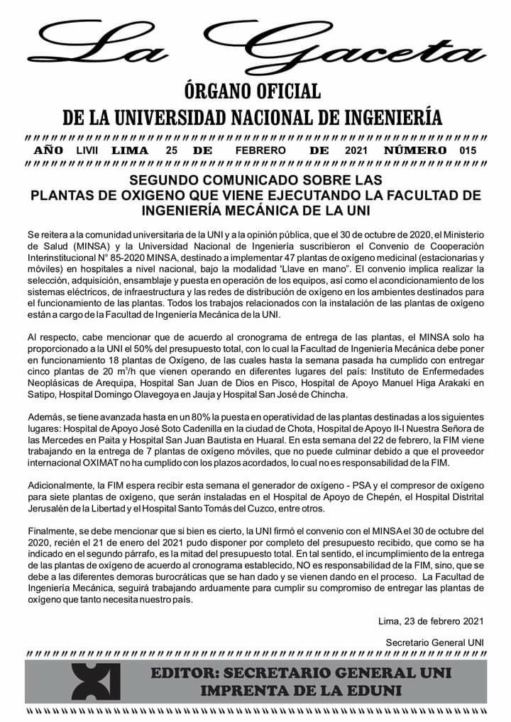 Pronunciamiento de la UNI