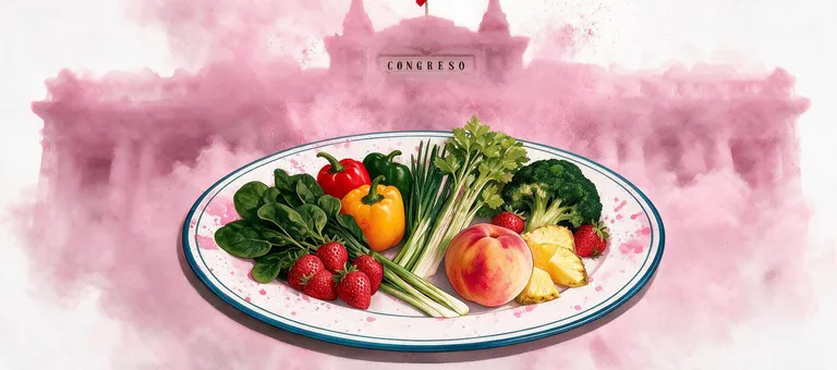 Ilustración de un plato de alimentos con el fondos la silueta en forma de humo del El Congreso con manchas de pesticidas.