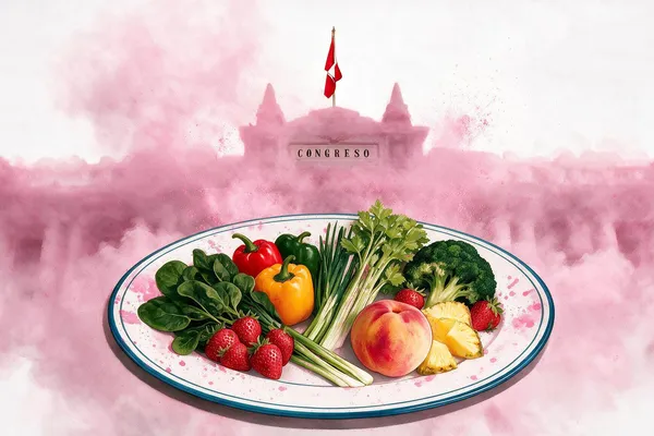 Ilustración de un plato de alimentos con el fondos la silueta en forma de humo del El Congreso con manchas de pesticidas.
