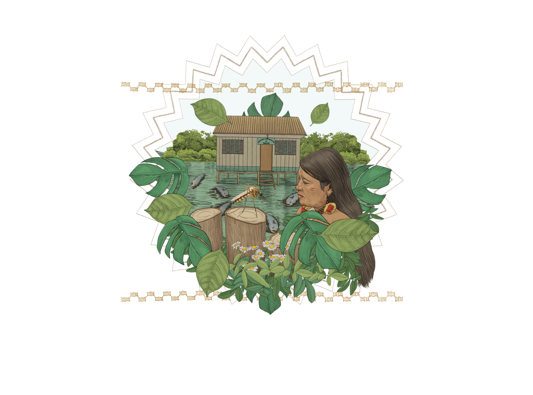 Ilustración de un río, una mujer indígena, árboles talados, pescados contaminados, un zancudo y hojas.